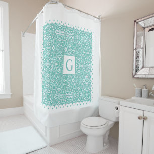 Light teal blue damask scalloped borders monogram