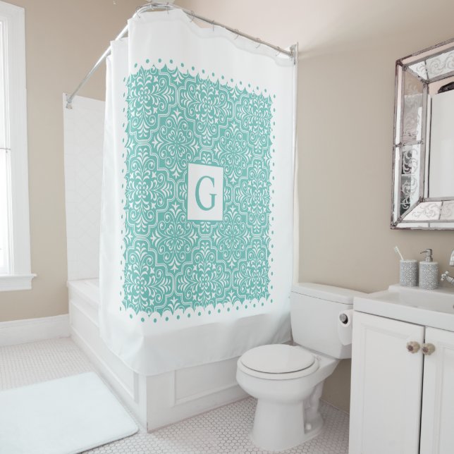 Light teal blue damask scalloped borders monogram (In Situ)