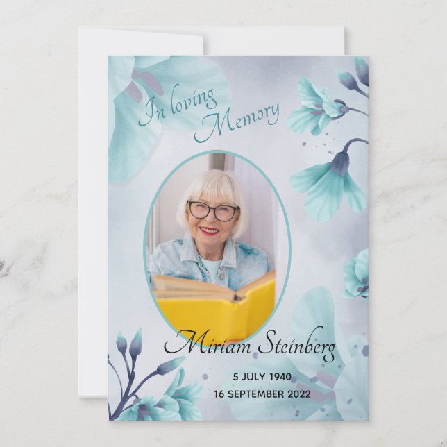 Light Teal Blue Flower In Loving Memory Photo Card (Front)