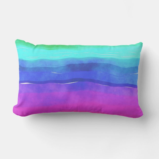 light teal blue  green purple Watercolor Stripes Lumbar Pillow (Front)