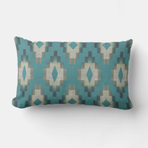 Light Teal Blue Green Taupe Grey Cream Tribal Art Lumbar Pillow