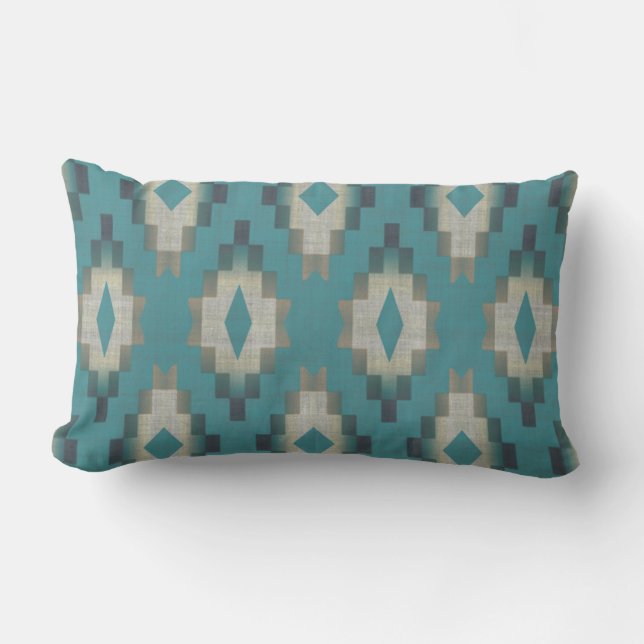 Light Teal Blue Green Taupe Grey Cream Tribal Art Lumbar Pillow (Front)