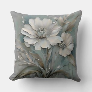 Light Teal Blue Grey Beige White Modern Flowers Throw Pillow