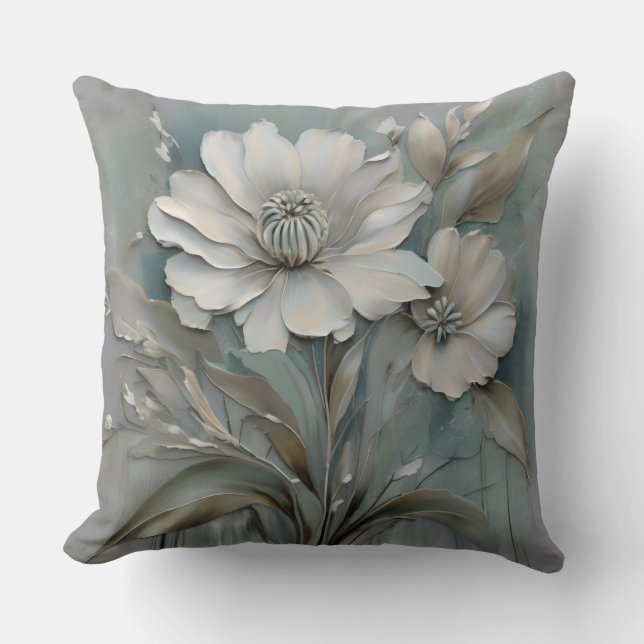 Light Teal Blue Grey Beige White Modern Flowers Throw Pillow (Front)