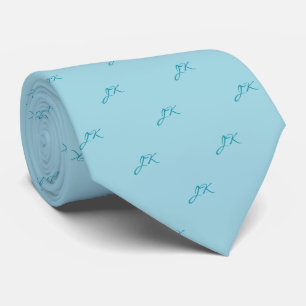 Light Teal Blue Script Pattern Monogram Tie