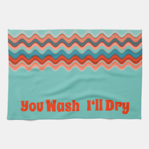 Light Teal Coral Salmon Orange Blue Wavy Zigzag Kitchen Towel