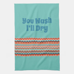 Light Teal Coral Salmon Orange Blue Wavy Zigzag Kitchen Towel