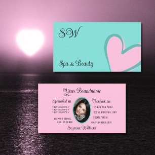 Light Teal Cute Pink Heart with Monogram and Photo Business Card