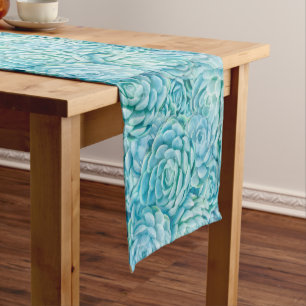 Light Teal Echeveria Succulents Pattern Short Table Runner