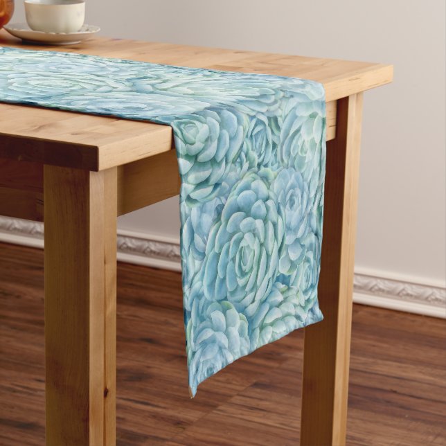 Light Teal Echeveria Succulents Pattern Short Table Runner (In Situ)
