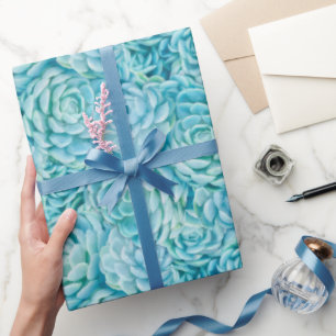 Light Teal Echeveria Succulents Pattern Wrapping Paper