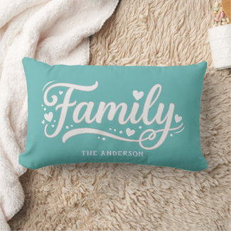 Light teal Family Heart Script Monogram Lumbar Pillow