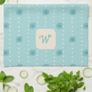 Light Teal Floral Monogram Kitchen Tea Towel