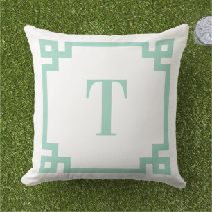 Light Teal Greek Key Border Monogram Outdoor Pillow
