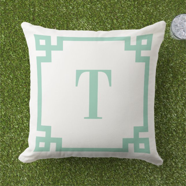 Light Teal Greek Key Border Monogram Outdoor Pillow (Grass)