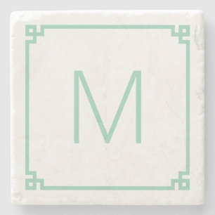 Light Teal Greek Key Border Monogram Stone Coaster