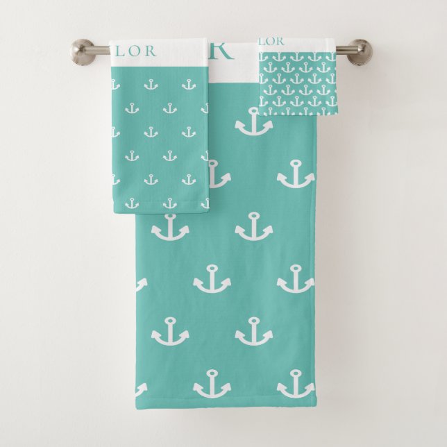 Light teal green anchor white nautical monogram bath towel set (Insitu)