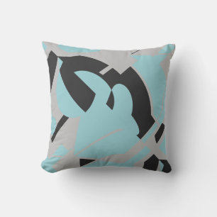 Light Teal Grey Black Bold Swirling Abstract Motif Throw Pillow
