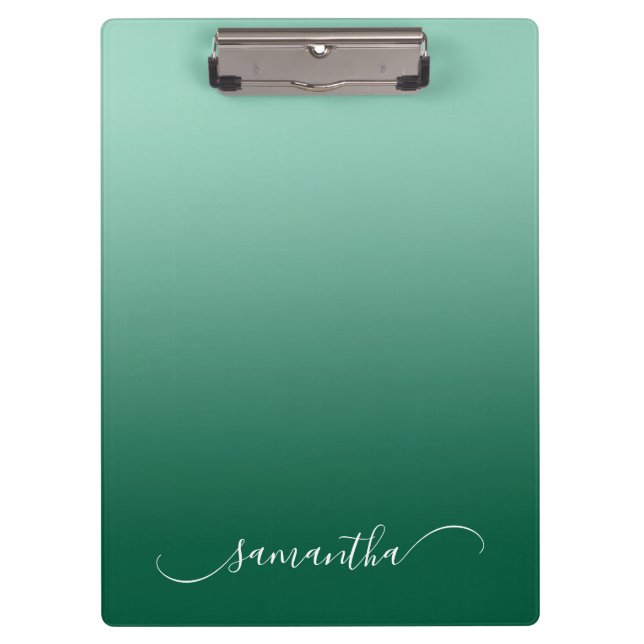 Light Teal Hunter Green Ombre Curved Swash Name Clipboard (Front)