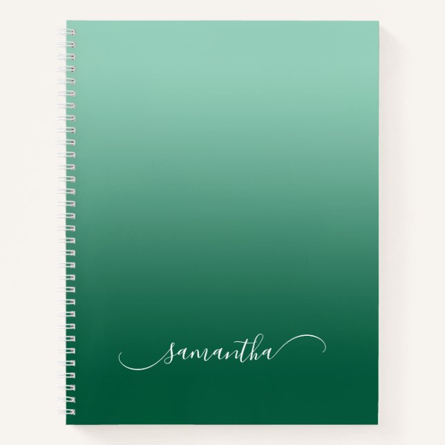 Light Teal Hunter Green Ombre Curved Swash Name Notebook (Front)