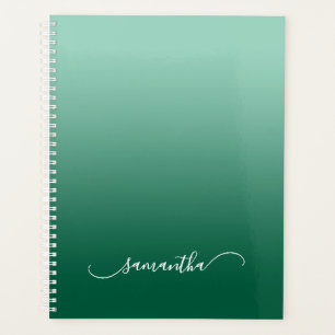 Light Teal Hunter Green Ombre Curved Swash Name Planner