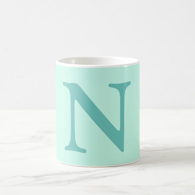 Light Teal Initial Letter Trendy Pastel Mint Blue  Coffee Mug (Center)