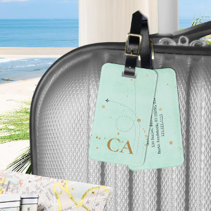 Light Teal Minimalist Monogram Gold Airplane Luggage Tag