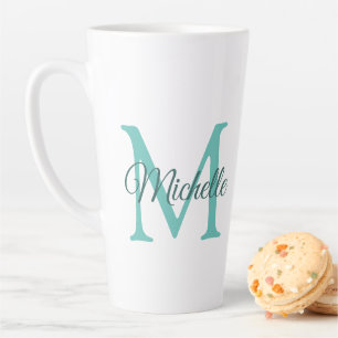 Light Teal Monogram Initial Customizable Large Latte Mug