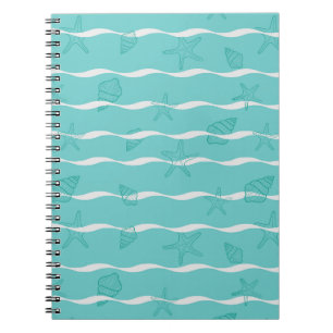 Light Teal Ocean Waves & Seashells Seamless Patter Notebook