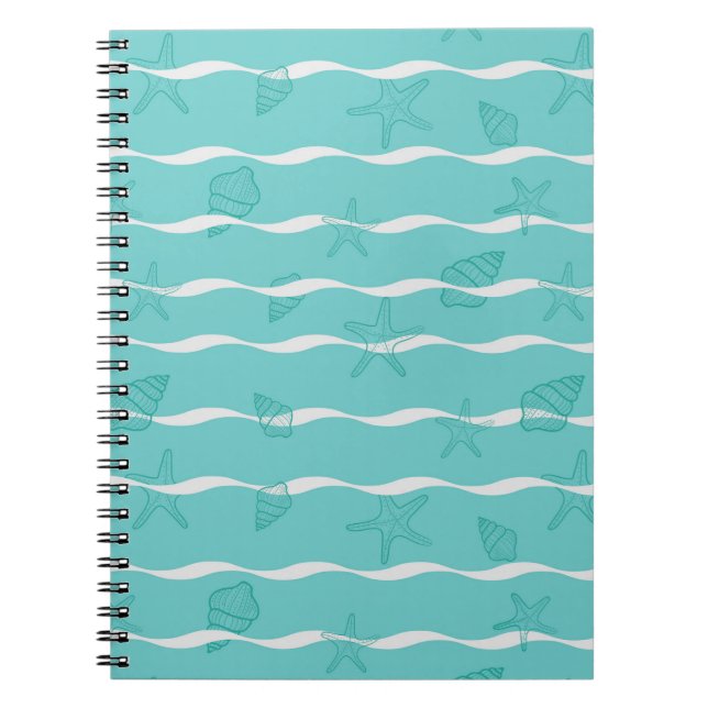 Light Teal Ocean Waves & Seashells Seamless Patter Notebook (Front)