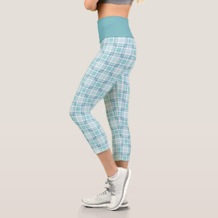Light Teal Plaid Pastel Pattern Tartan Powder Blue Capri Leggings