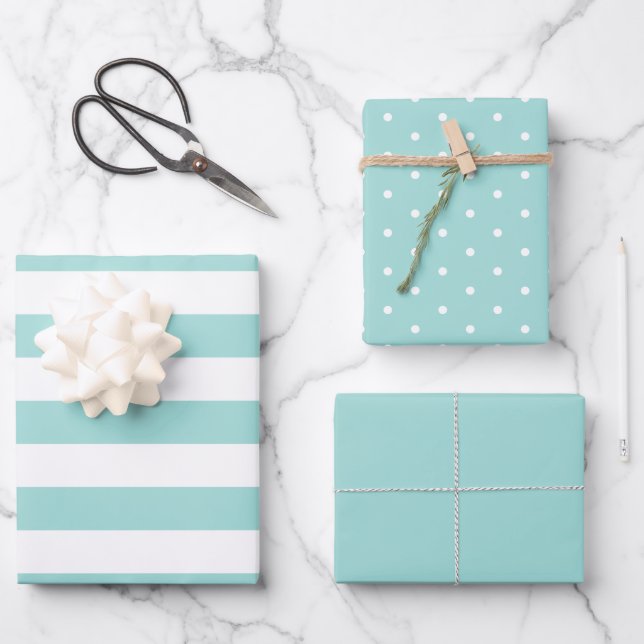 Light Teal Polka Dot Wide Striped and Solid Wrapping Paper Sheet (Front)