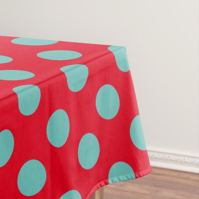Light Teal Polka Dots on Bright Red Tablecloth (In Situ)