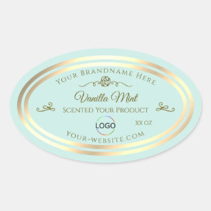 Light Teal Product Label with Gold Frame and Logo