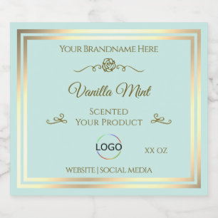 Light Teal Product Label with Gold Frame and Logo
