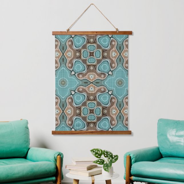 Light Teal Seafoam Green Taupe Brown Tribal Art Hanging Tapestry (Living Room)