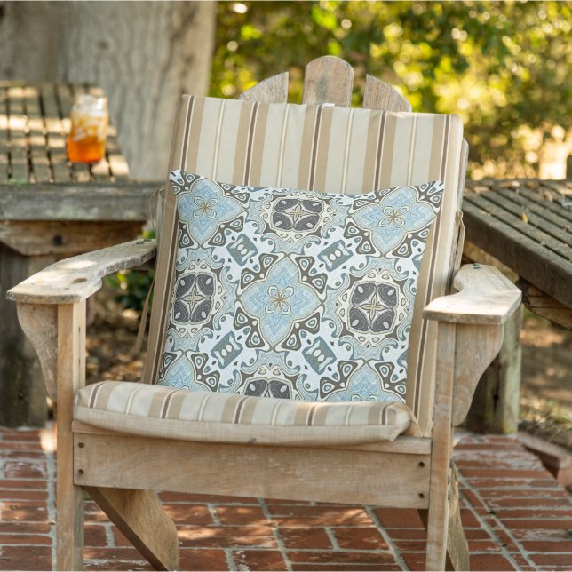 Light Teal Seafoam Green Turquoise Blue Tribal Art Outdoor Pillow (Chair)