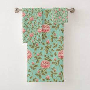 Light Teal Vintage Pink Rose Flowers Bath Towel Set