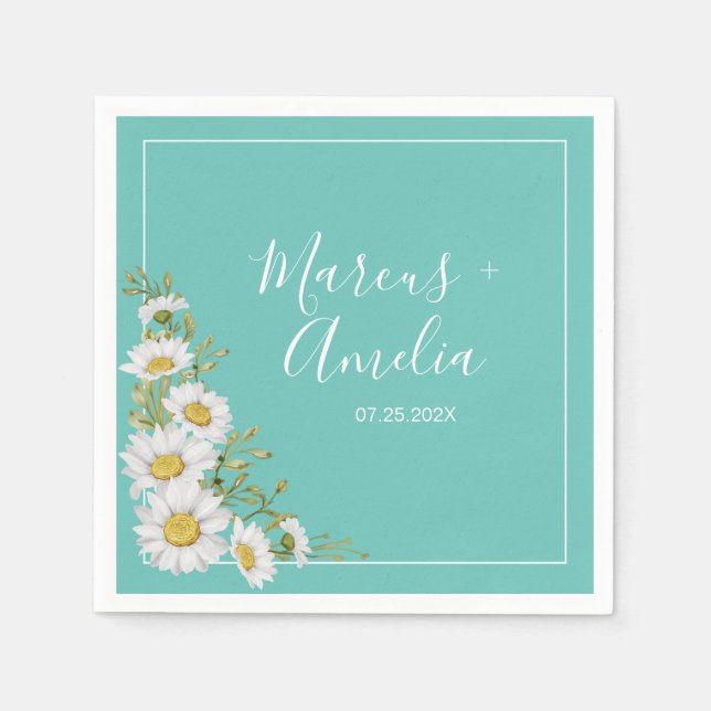 Light Teal & White Daisies Wedding Paper  Napkin (Front)