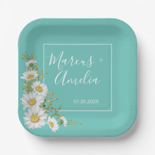 Light Teal & White Daisies Wedding Paper Plate