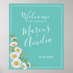 Light Teal & White Daisies Wedding Welcome  Poster