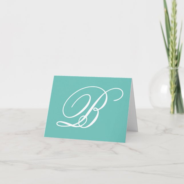 Light Teal White Fancy Calligraphy Script Monogram Thank You Card (Front)