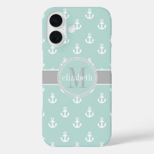 Light Teal White Grey Ship Anchors Monogram iPhone 16 Case