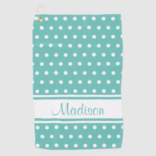 Light Teal White Polka Dot Stripe Script Name Golf Towel