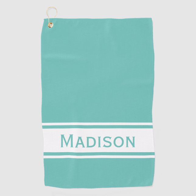 Light Teal White Stripe Modern Name Monogram Golf Towel (Front)