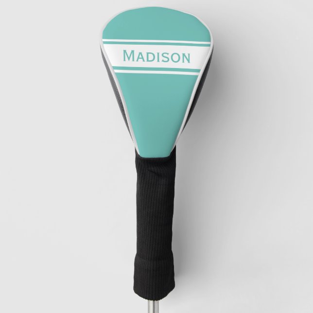 Light Teal White Stripes Modern Name Monogram Golf Head Cover (Front)