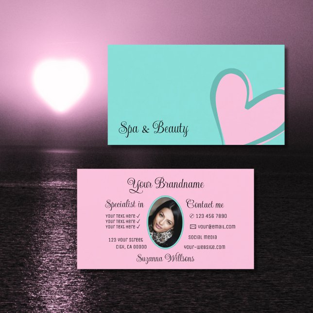 Light Teal with Gorgeous Pink Heart and Photo Cute Business Card (Creator Uploaded)