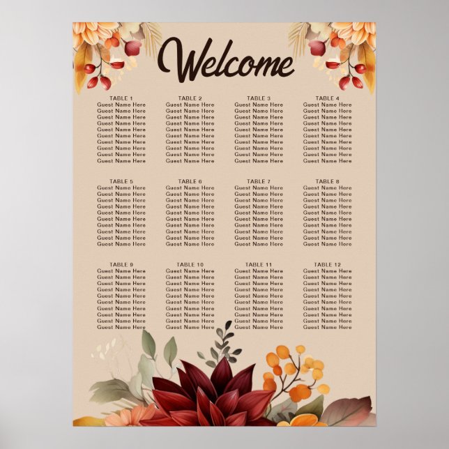 Light Terracotta Fall Floral Wedding Seating Chart (Front)