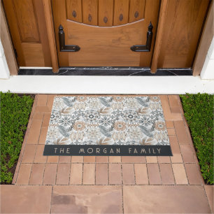 Light Terracotta Grey Botanical Boho Family Name Doormat