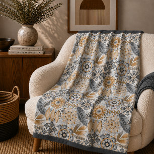 Light Terracotta Grey Botanical Boho Pattern Fleece Blanket